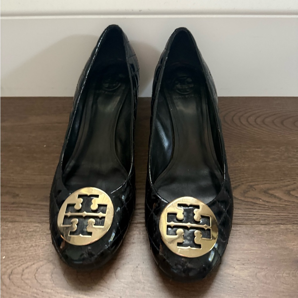 Tory Burch Black Quilted Wedges with Gold Emblem